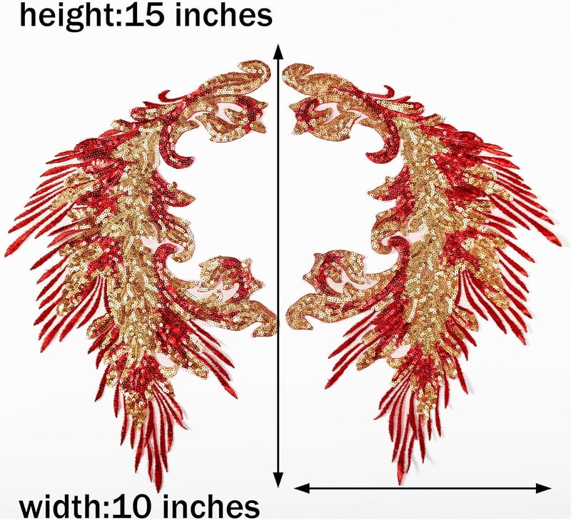 Silvora Pair Embroidery Phoenix Costume Sequin Appliques Patches, Peacock Feather Tail Applique Embellishments for Dance Dresses,Clothes,T-Shirt，Neckline Bodice Pants (Red) - Image 3